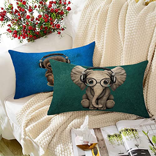 STITCHNEST Set of 2 Jute Cushion Covers – 12x18 Inches – Nerdy Elephant & Music Lover Monkey Prints – Designer Decorative Pillow Covers for Sofa, Living Room & Bedroom | Perfect for Home Decor