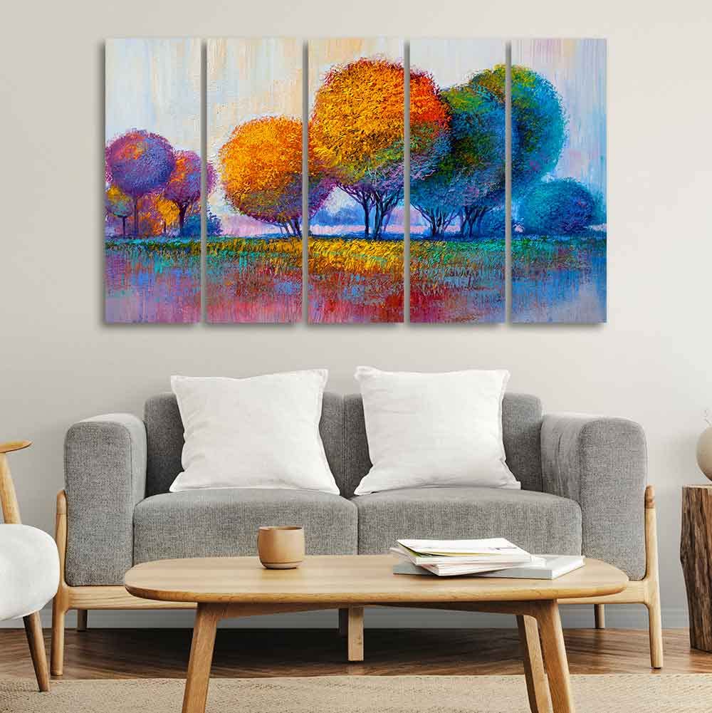 VIBECRAFTS Colorful Trees Premium Canvas Wall Painting of Five Pieces For Home|Office|Living Room|Gift (PTVC5Pcs4_8652)