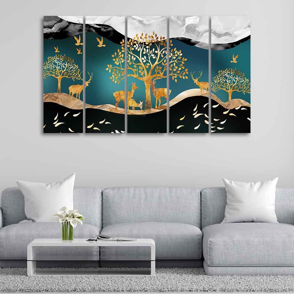 VIBECRAFTS Trees and Deer Canvas Wall Painting Set of Five For Home|Office|Living Room|Gift (PTVC5Pcs4_8593)
