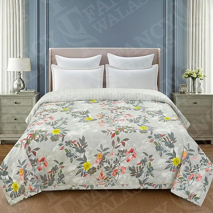 Lightweight AC Blanket for Single Bed Or Double Bed - Breathable Reversible Comforter for Summer Soft Microfiber All-Season Quilt for Mild Winter (RED Yellow Flower Printed Design, Single Bed) Kafalo