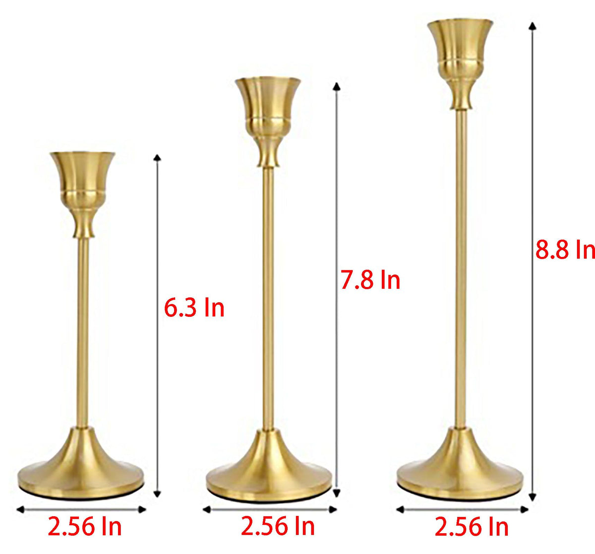 3 Pcs Gold Tall Candle Holder with Stable Base, 3 Size Alloy Holder for Taper Candles, Wedding, Dinning, Party Decoration (Gold)