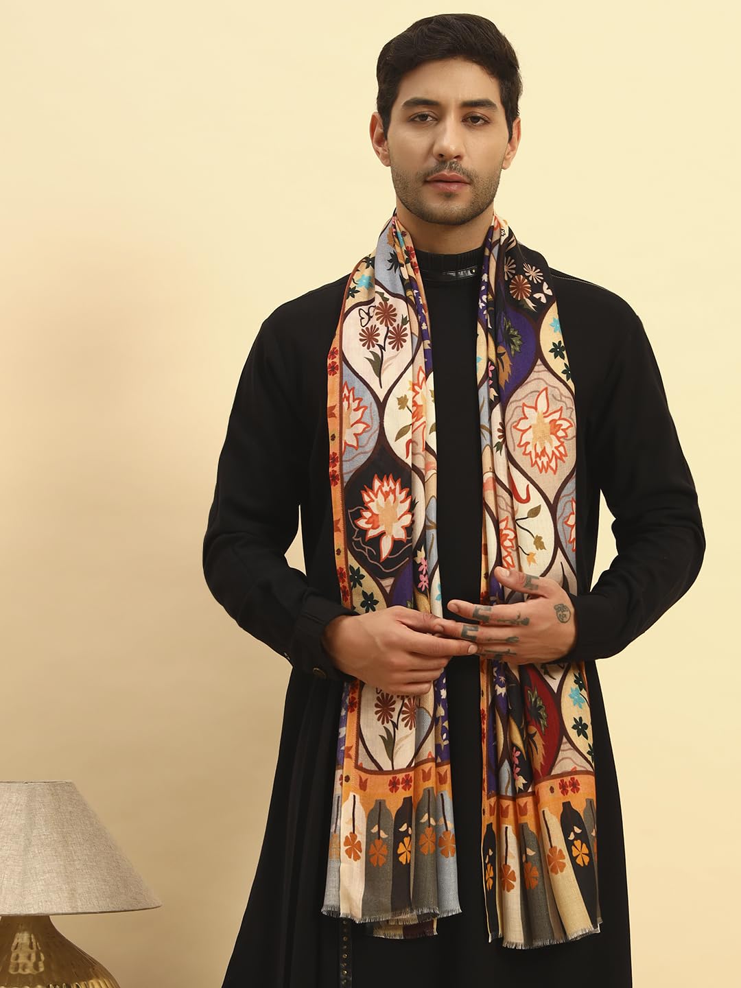 Pashmoda Men Floral Sonata Royal Fine Soft Bamboo Fibre Stole, Multicoloured Design, Evening Wrap, Luxury Pashmina Style Scarf, Wrap, Sustainable and Natural Fabric (Size 28x80, Olive colour) MISST32