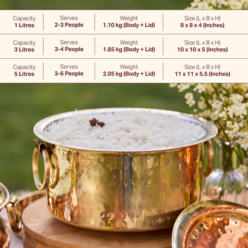 P•TAL Brass Patila for Cooking (3 litres) | 100% Pure Round Heavy Bottom | Hammered, Polished Tapeli/Patila/Bhagona | Golden Brass Handi (Free 30ml Copper & Brass Cleaning Solution)