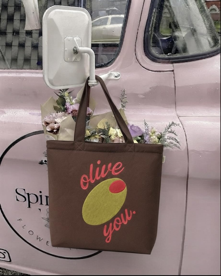 MASQ Premium ToteBag for Women with Zipper | Embroidered Foldable Shoulder Bag with Multiple Pockets | Spacious Handbag for College & Office | Eco-Friendly & Reusable (AP_TB_Olive_You_01)