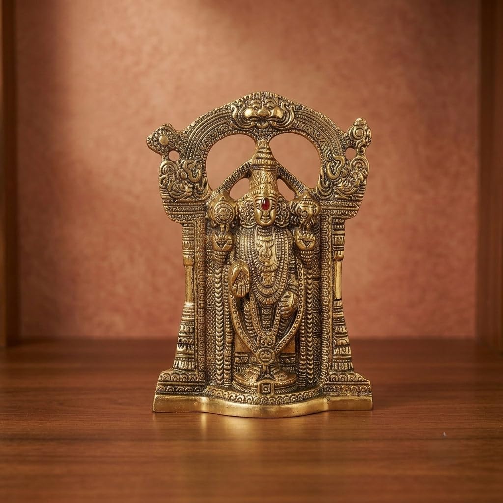 KridayKraft Tirupati Balaji Idol, Decorative Aluminium Gold Finish Lord Venkateswara Statue for Office, Home Temple, 24 x 17 cm