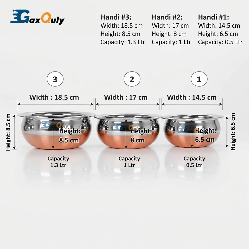 GaxQuly Stainless Steel Copper Bottom Urli Handi Set Kitchen Serving, Cooking Bowl Cookware Set | Milk Pan Tea & Coffee Punjabi Biryani Pot tapeli patila 500ml/750ml/1000ml (Handi 3pcs)