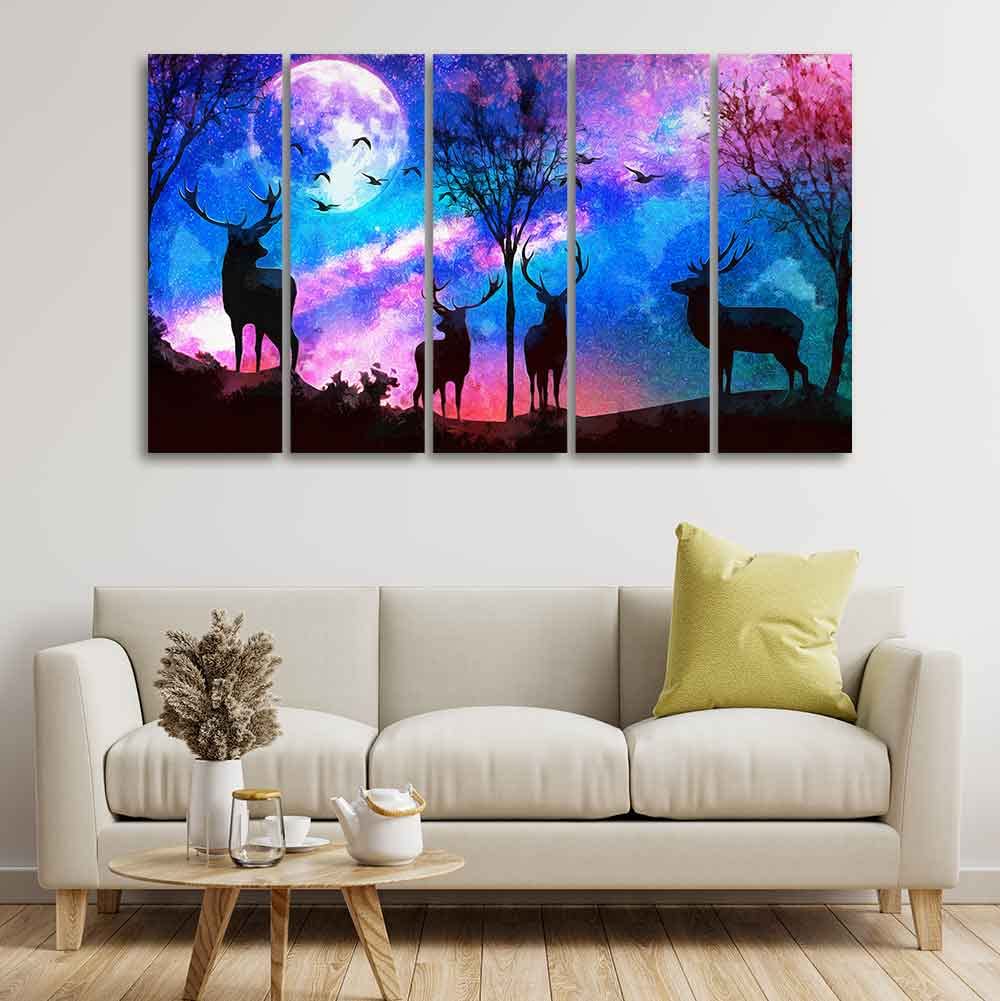 VIBECRAFTS Deer Silhouette Colorful Sky Wall Painting of Five Pieces For Home|Office|Living Room|Gift (PTVC5Pcs4_8675)