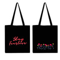 Peach Blossom Reusable Zipper With Pouch Tote Bags, 100% Cotton Shopping/Grocery Bag, Multi-Purpose Bag 5kgs Capacity, 2 Pack (Cbag_BlkStayFear_BlkLineFlow)