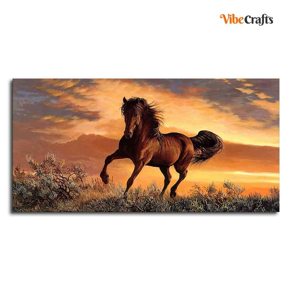 VIBECRAFTS Canvas Paintings for Living Room Drawing Room Brown horse In Sunset Wall Painting Fitted With Wooden Frame for Home | Office | Gift (PTVCH_2341N)