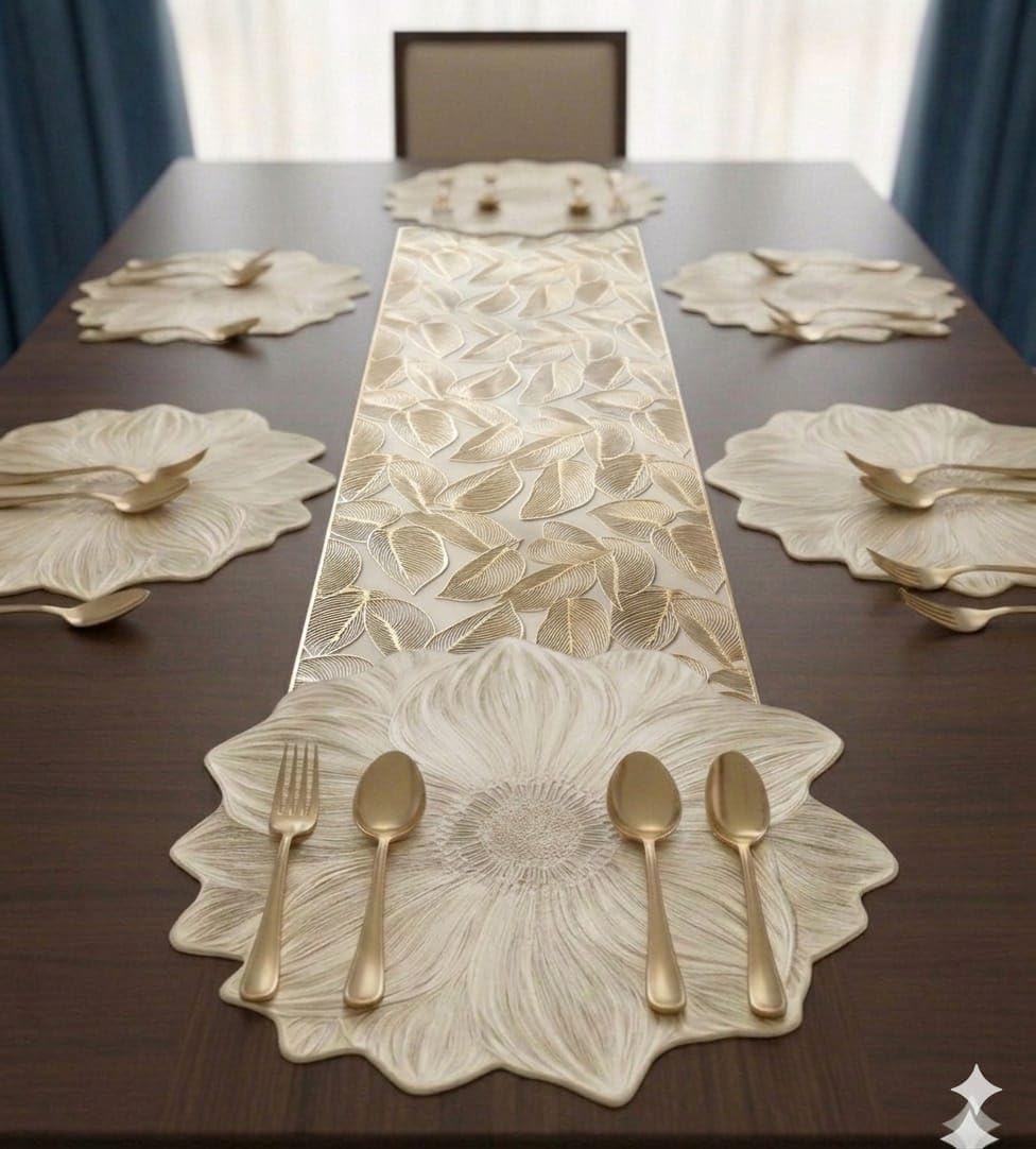 Dining Table Mats Set with Table Runner Leaf Design Placemat Set for Dining Table Stylish Table Mats (Sunflower Table mat+ Luxury Gold Skeletal Leaf Table Runner, Pack of 7 (6+1)) Kafalo