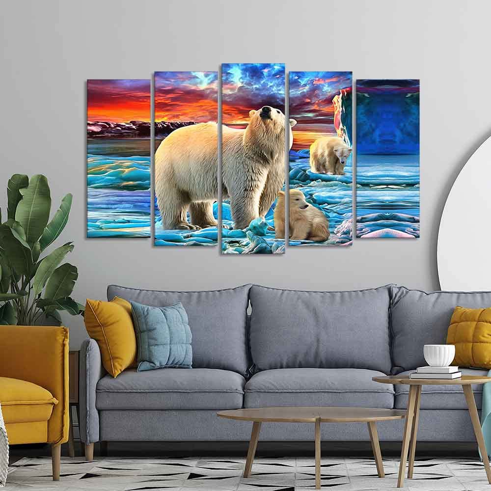 VIBECRAFTS Polar Bears Wall Painting of Five Pieces For Home|Office|Living Room|Gift (PTVC5Pcs2_6626)