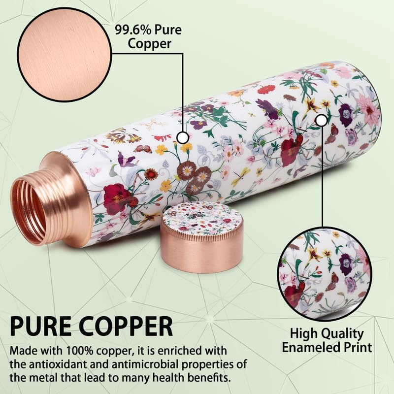 MERCAPE Pure Copper Water Bottle 900 ml | Floral Printed Designer Finish | Jointless Construction | Leak-Resistant Screw Cap | Reusable Water Bottle for Home, Office, Yoga & Travel