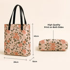 Kalankit Classic Tote Bag For Women | Canvas Printed Totes For Women | Aesthetic Shoulder College Bag For Girls | Vegan Leather Lightweight Everyday Bag | Gift for Woman | Floral Beige Pink