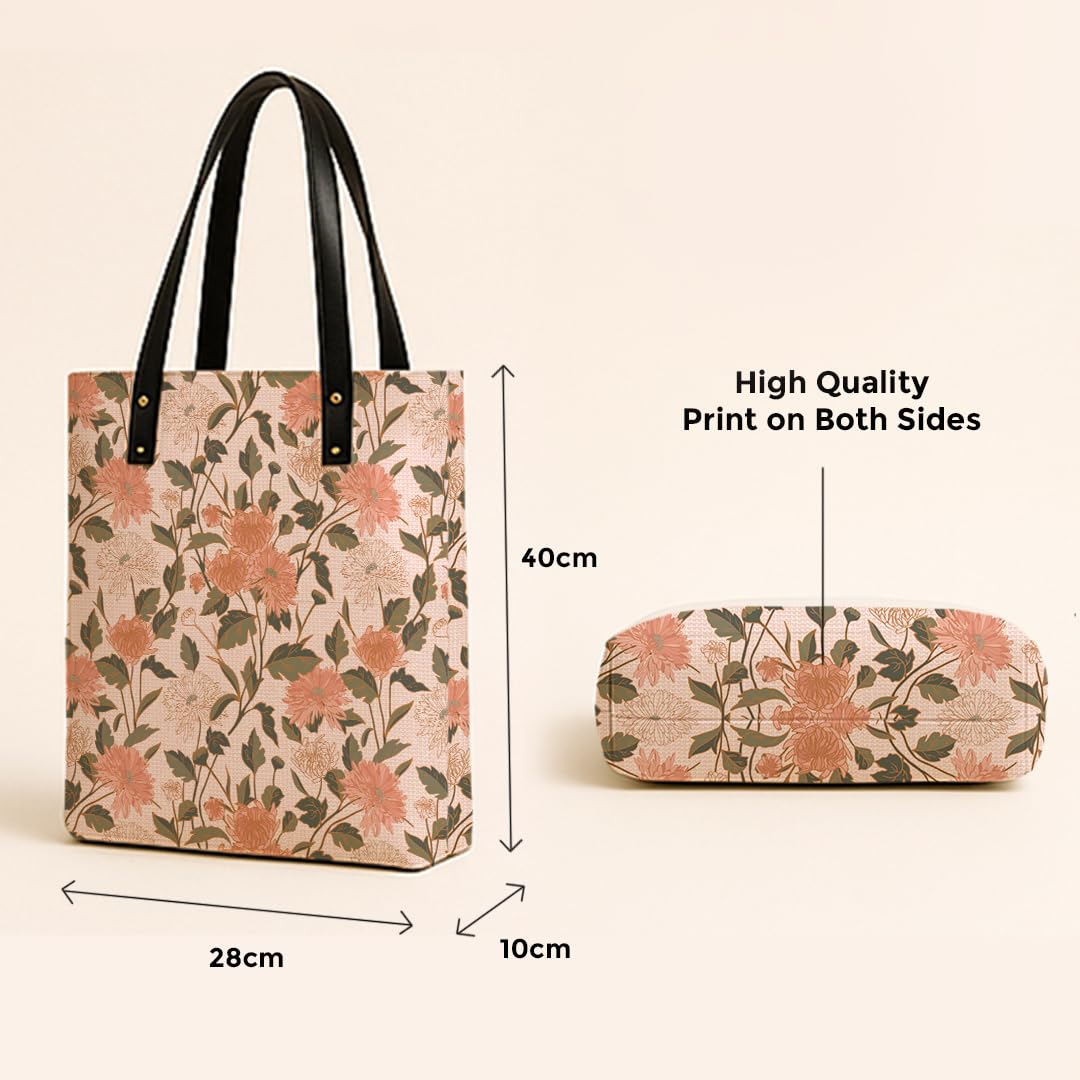 Kalankit Classic Tote Bag For Women | Canvas Printed Totes For Women | Aesthetic Shoulder College Bag For Girls | Vegan Leather Lightweight Everyday Bag | Gift for Woman | Floral Beige Pink