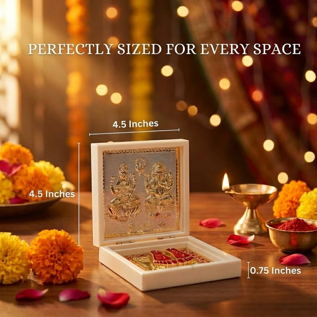 House Of Wemy Gold Plated Laxmi Ganesh Pocket Temple Box for Pooja Room | Lakshmi-Ganesha Divine Pooja Boxes With Photo Frame & Charan Paduka | Diwali Gift & Home Decor - White - 4.5 Inches -Pack of 1
