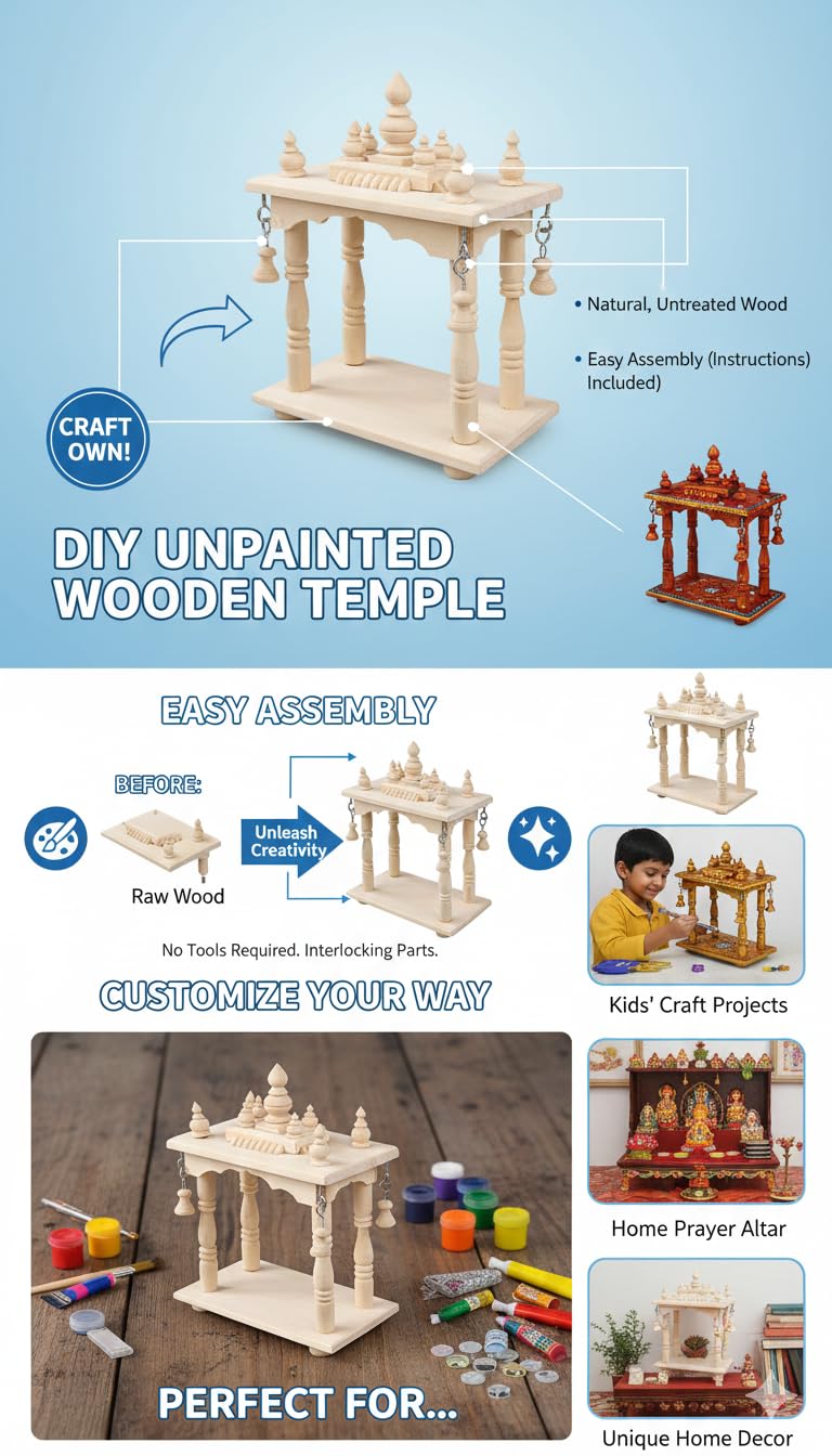 Handcrafted Wooden Temple Mandir for Home – Traditional Pooja Chowki with Bells, Wooden Mandap Stand for Idols, Home Décor & पूजा Setup
