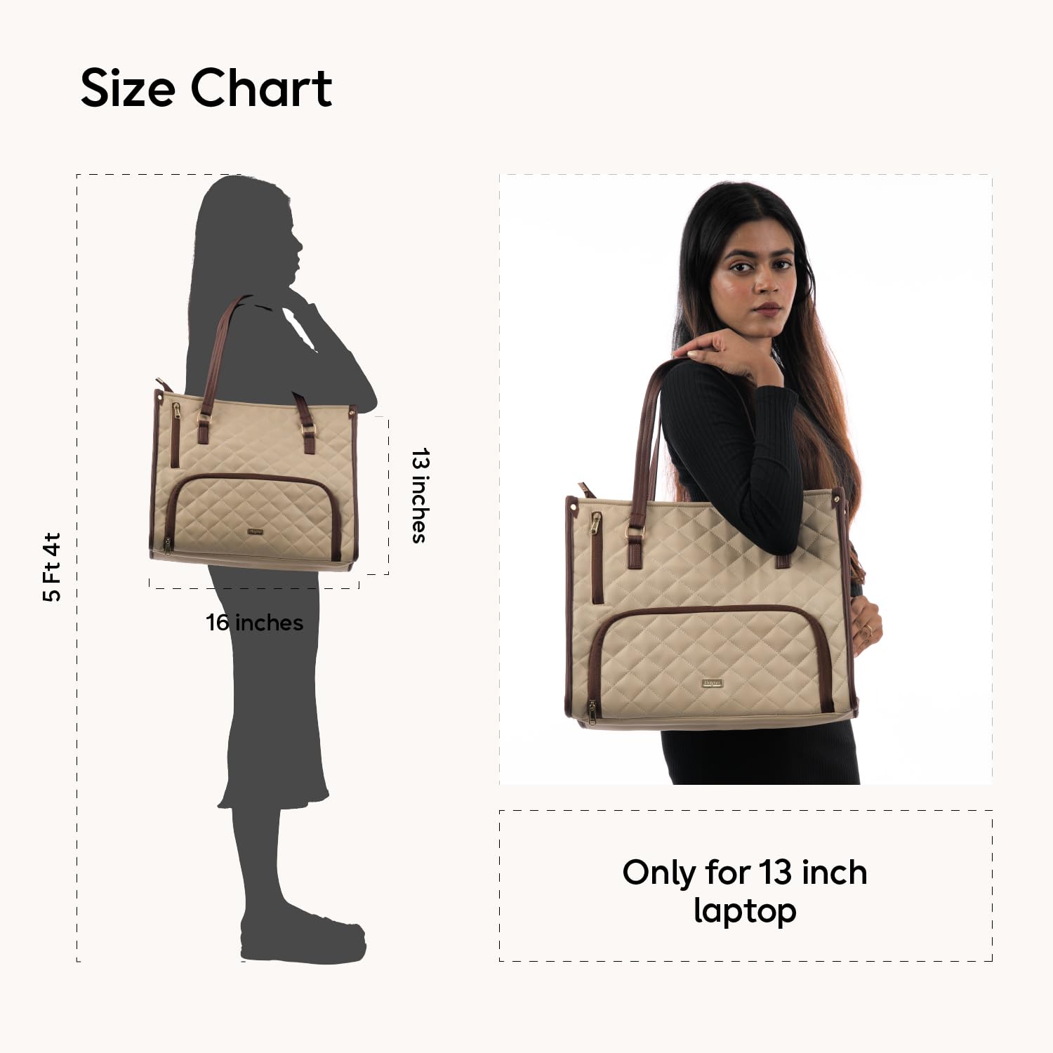 Bayne Large Size Work Bag with Lunch Compartment – Laptop Tote Bag with Lunch Box Section, Office Bag with Insulated Lunch Storage – Stylish Quilted Shoulder Bag for Women. 13 inch Laptops (Baige)