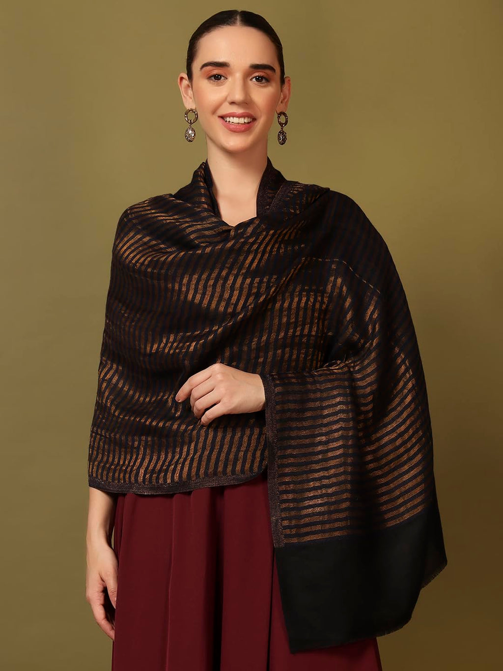 Pashmoda Women Golden Eclipse Reversible Zari Moonlight Fine Wool Stole (Size : 28x80in, 71X203cm) ZSST03