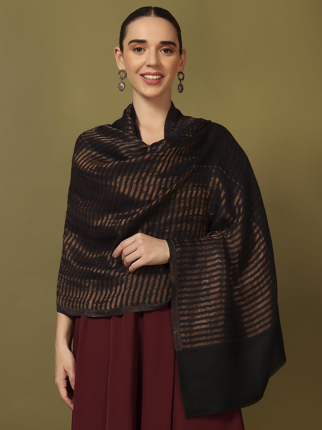 Pashmoda Women Golden Eclipse Reversible Zari Moonlight Fine Wool Stole (Size : 28x80in, 71X203cm) ZSST03