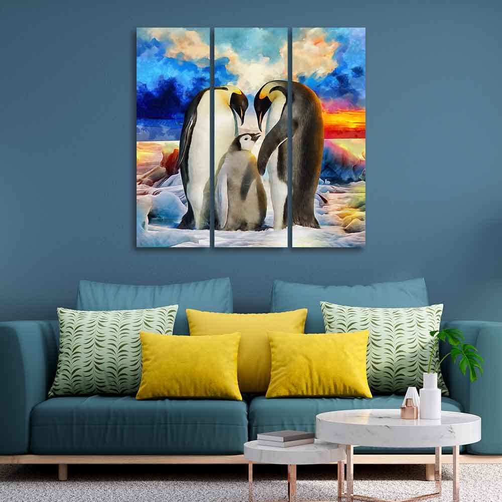 VIBECRAFTS 3 Pieces Animal Of Penguins Canvas Wall Painting Fitted With Wooden Frame For Home | Office | Living Room | Gifts (PTVC3Pcs1_9514)