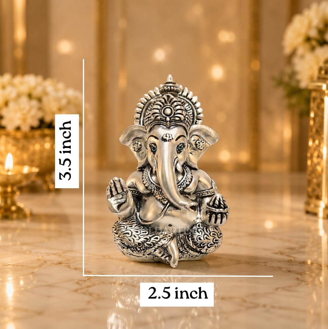 Gold Art India Lord Ganesha 999 Silver Plated Idol | Antique Matte Finish | Premium Velvet Gift Box | Ganesh Murti for Car Dashboard, Home Temple, Office Desk | Luxury Spiritual Gift for Housewarming