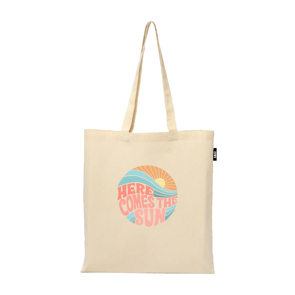 VVWV Here Comes The Sun Printed Reusable Tote Bags | 100% Organic Cotton Shopping/Grocery Bag | Multi-Purpose Bag | Sturdy Canvas Bag with 15kgs Capacity (13 x 15.7 Inch)