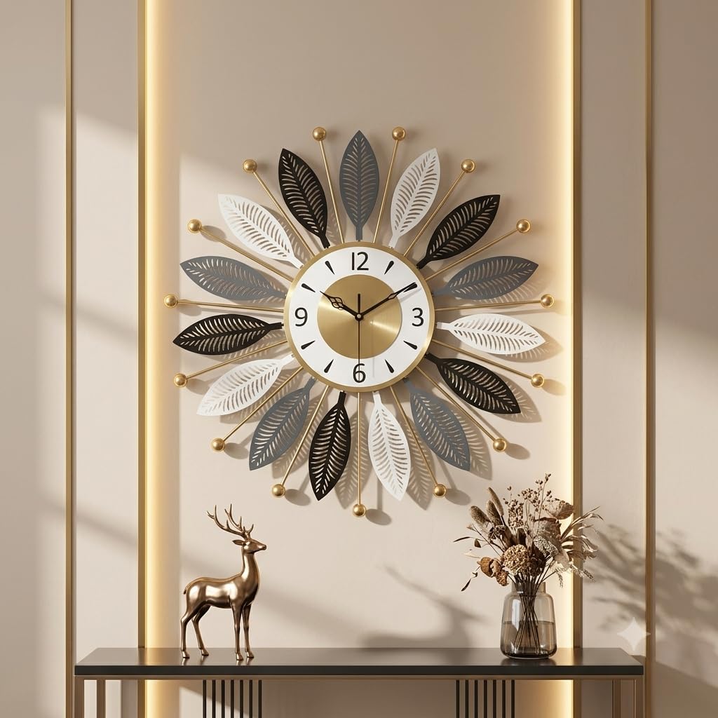 Mahira Artefacts Luxury Metal Wall Clock, Modern Sunburst Leaf Design, Black, White and Gold, Silent Non-Ticking, for Living Room, Bedroom and Office Decor