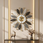 Mahira Artefacts Luxury Metal Wall Clock, Modern Sunburst Leaf Design, Black, White and Gold, Silent Non-Ticking, for Living Room, Bedroom and Office Decor