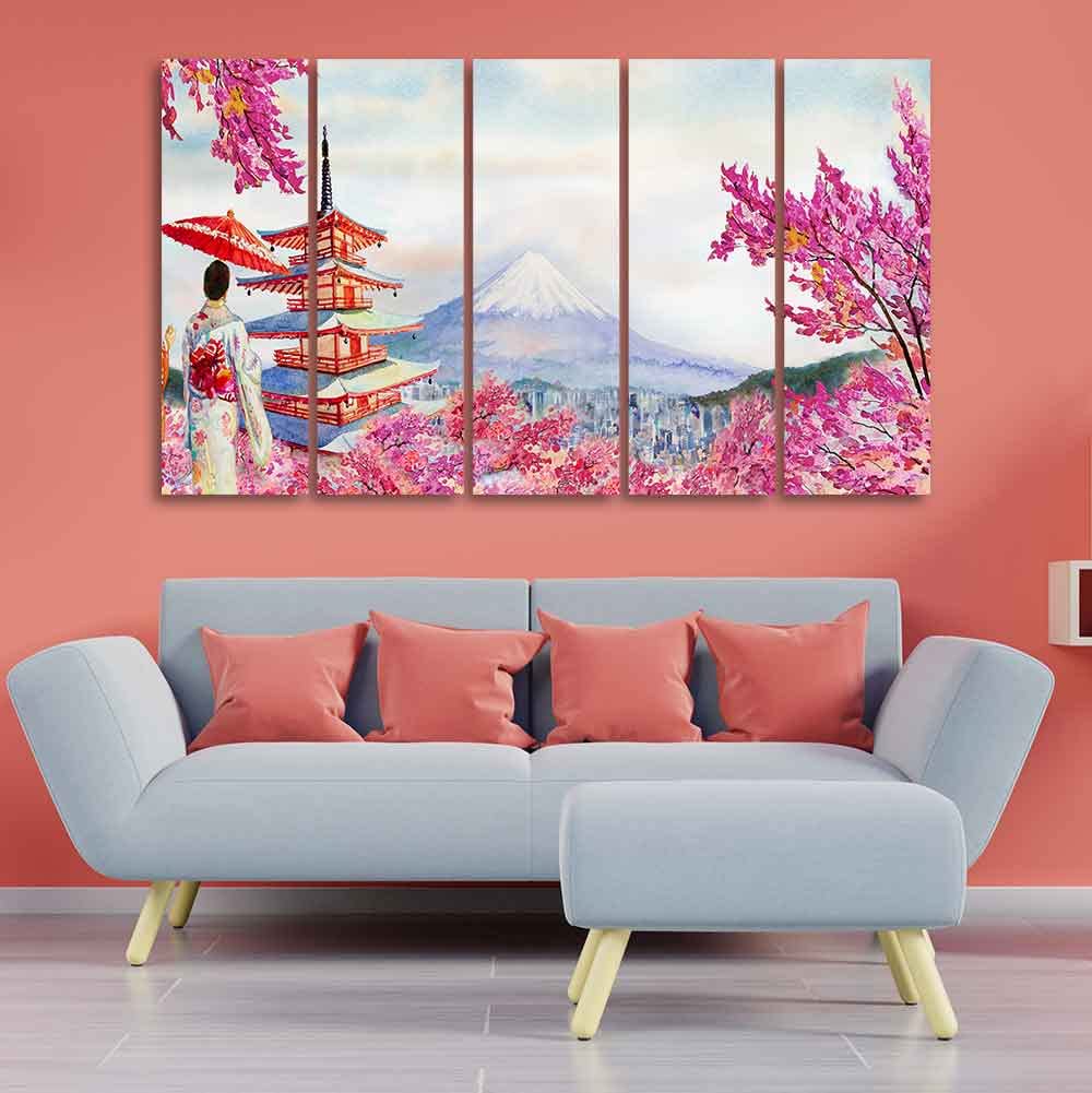 VIBECRAFTS Women in Kimono Canvas Wall Painting Set of Five Pieces For Home|Office|Living Room|Gift (PTVC5Pcs4_8665)