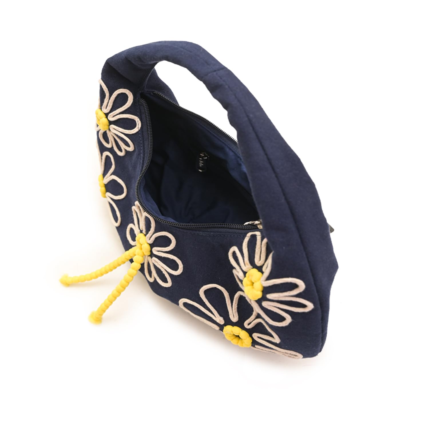 Boho Girl Indigo Blossom Tote Bag – Navy Blue Floral Handbag for Women with Embroidered Flowers, Padded Handle & Ribbon Detail – Chic Shoulder Bag for Travel, Brunch (Black & White)