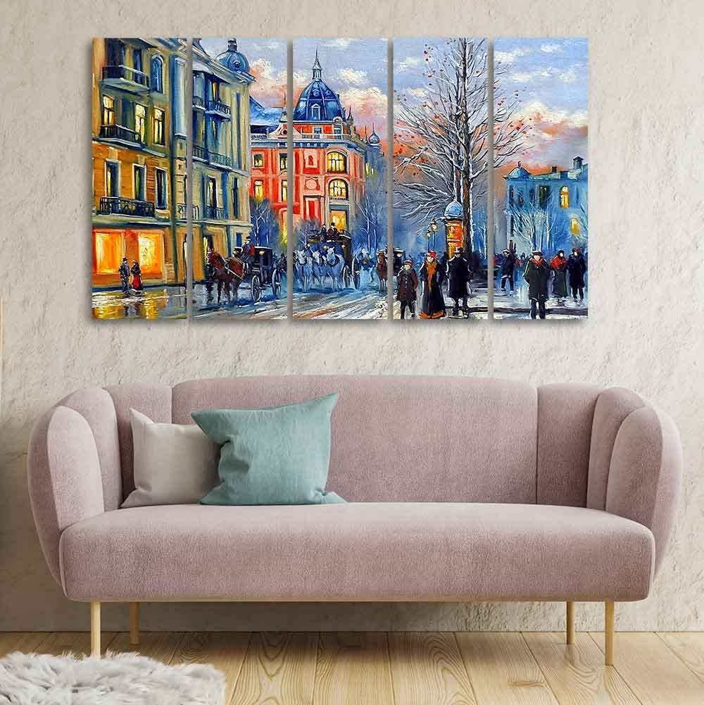 VIBECRAFTS Old City in Winters Canvas Five Pieces Wall Painting For Home|Office|Living Room|Gift (PTVC5Pcs4_8575N)