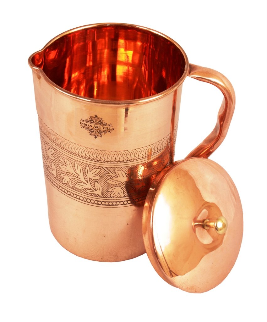 IndianArtVilla Embossed Design Copper Jug Pitcher with Brass Noob, Serveware & Drinkware, Beneficial for Health, 1000 ML