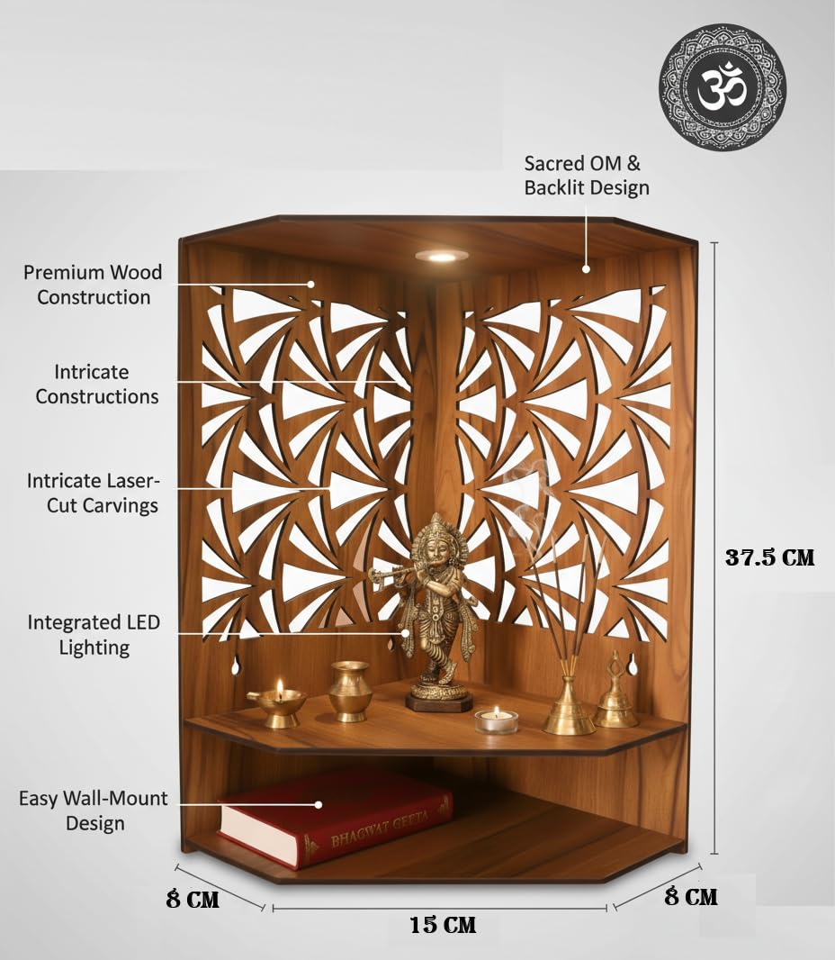 GOJEEVA KRAFT Royal Walnut Finish Wooden Pooja Mandir | Wall Mounted Home Temple with LED Lights & Spacious Storage | Premium Handcrafted Puja Unit (37.5 * 29 * 25 CM) (Large) A7