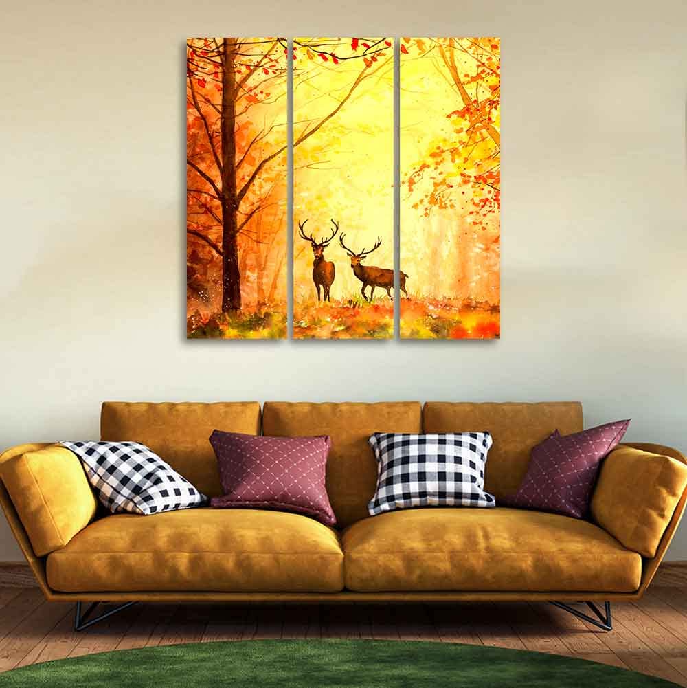 VibeCrafts 3 Pieces Beautiful Forest Deer Canvas Wall Painting Fitted With Wooden Frame For Home | Office | Living Room | Gifts (PTVC3Pcs1_9518)