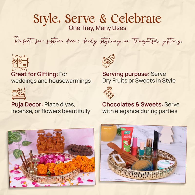 R Ayurveda Copper Decorative Golden Alloy Tray – 10 inches Round Vanity Organizer for Jewelry, Makeup, Perfume | Elegant Vintage Metal Tray for Bathroom, Dresser, or Gift Décor