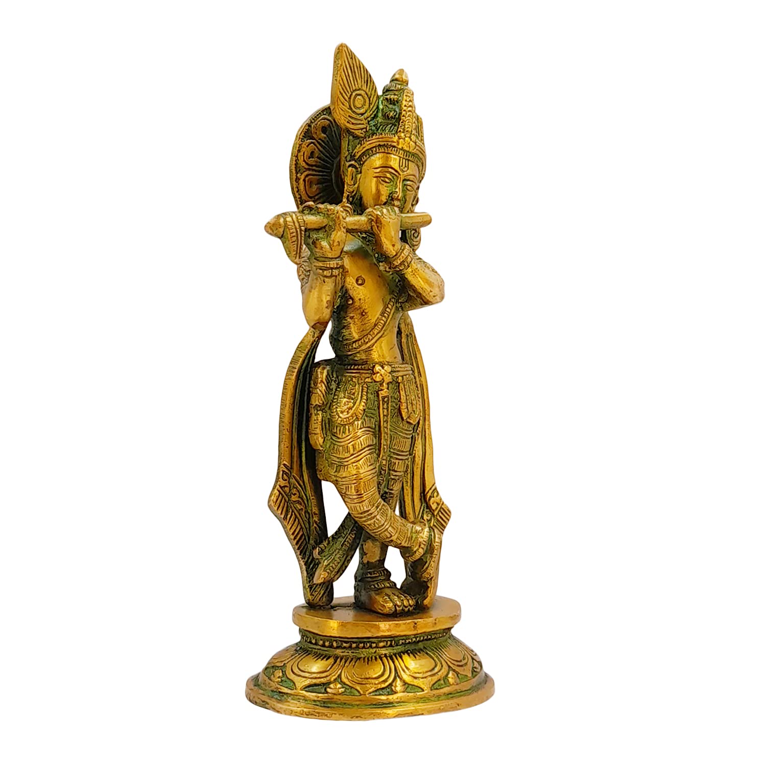 ARTVARKO Krishna Bhagwan Murti Idol Flute Playing Posture on Beautiful Pedestal Home Decor Entrance Statue Brass with Greenish Gold Finish Height 9 Inches