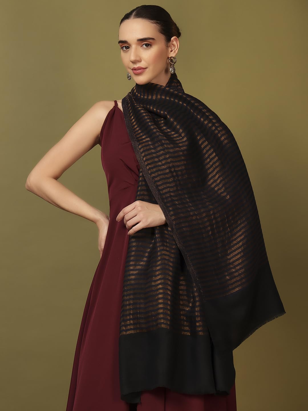 Pashmoda Women Golden Eclipse Reversible Zari Moonlight Fine Wool Stole (Size : 28x80in, 71X203cm) ZSST03