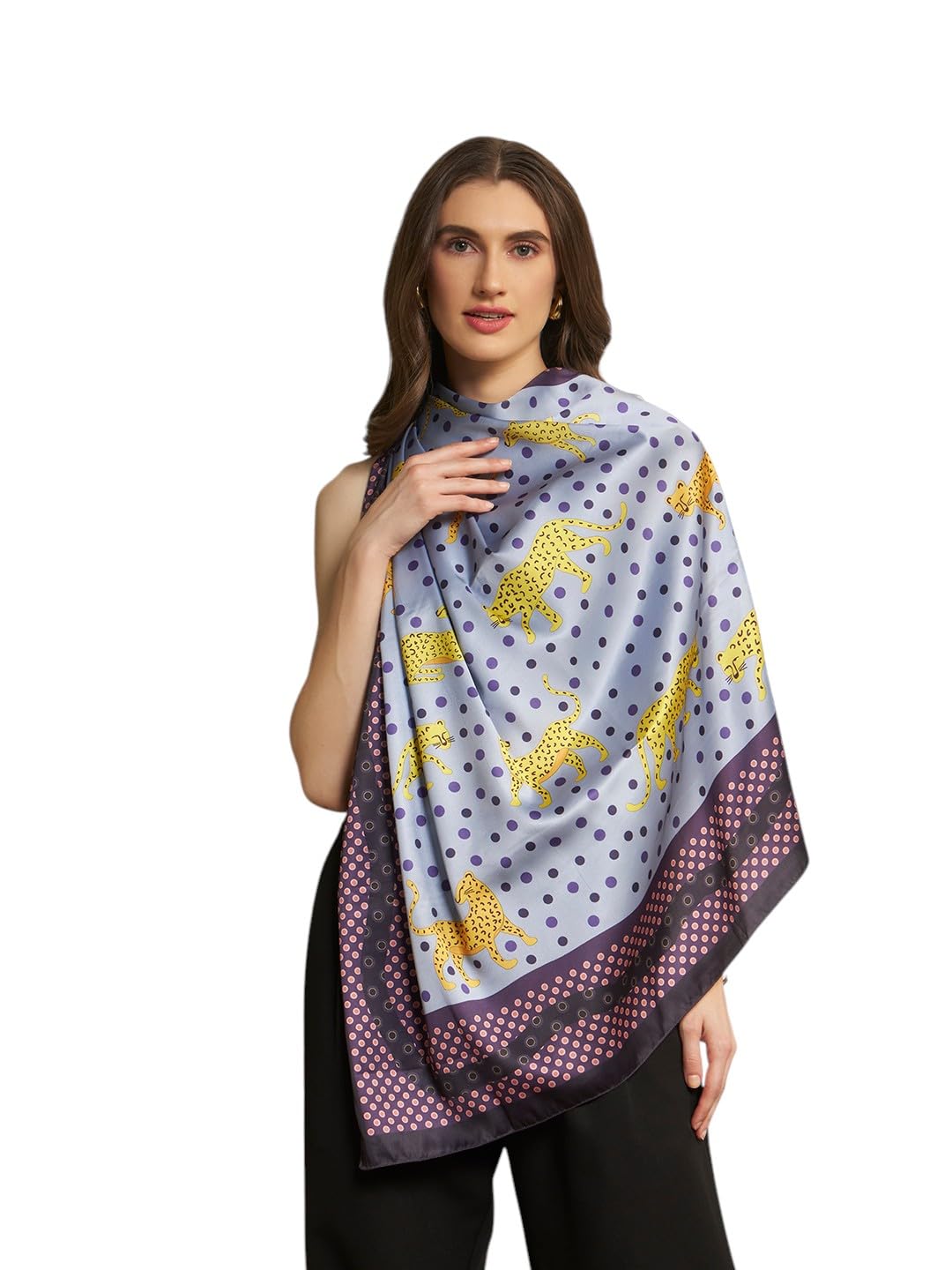 Ravaiyaa - Attitude is everything Women Silk Digital Print Large Square Scarf Breathable Lightweight Neckerchief Printed Headscarf 40 x 40 Inch (Grey Leopard & Polka Dot)