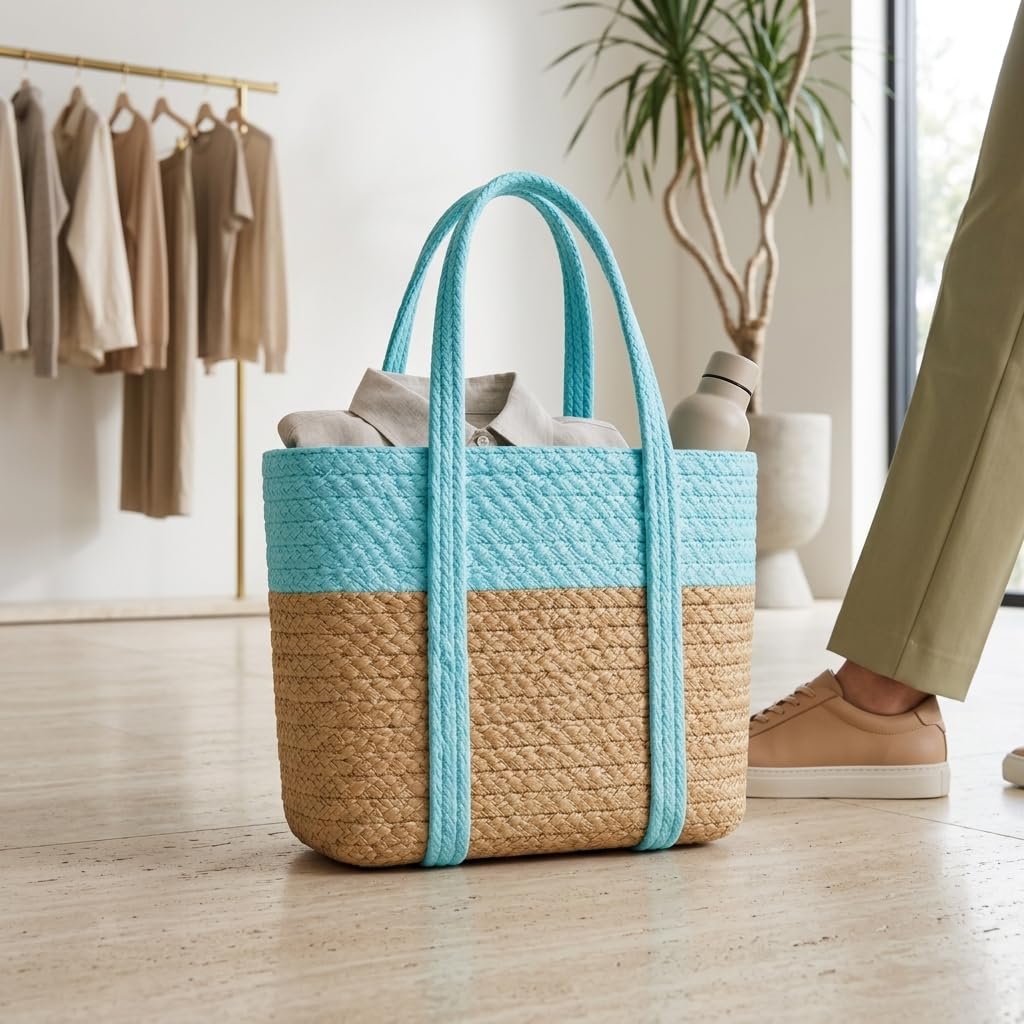 Loom & Luster Handwoven Jute Tote Bag Dual Tone Summer Shoulder Bag | Lightweight Eco-Friendly Handbag for girls and woman (Beige & Aqua)