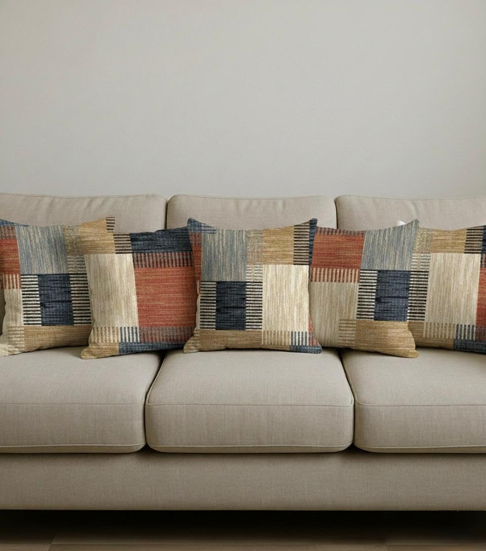 AMAZE ATTIRES Velvet Cushion Cover 24x24 Inch – Set of 4 Decorative Throw Pillow Covers for Sofa, Couch or Bed – Designer Printed Square Cushion Covers – Home Decor (Multi Check)