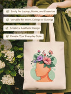 Kalaa Lifestyle Canvas Tote Bag for Women | Premium Cotton Shopping Bag | Eco-Friendly Shoulder Tote for Office, College, Travel & Daily Use and Gifting (The Flower Lady)
