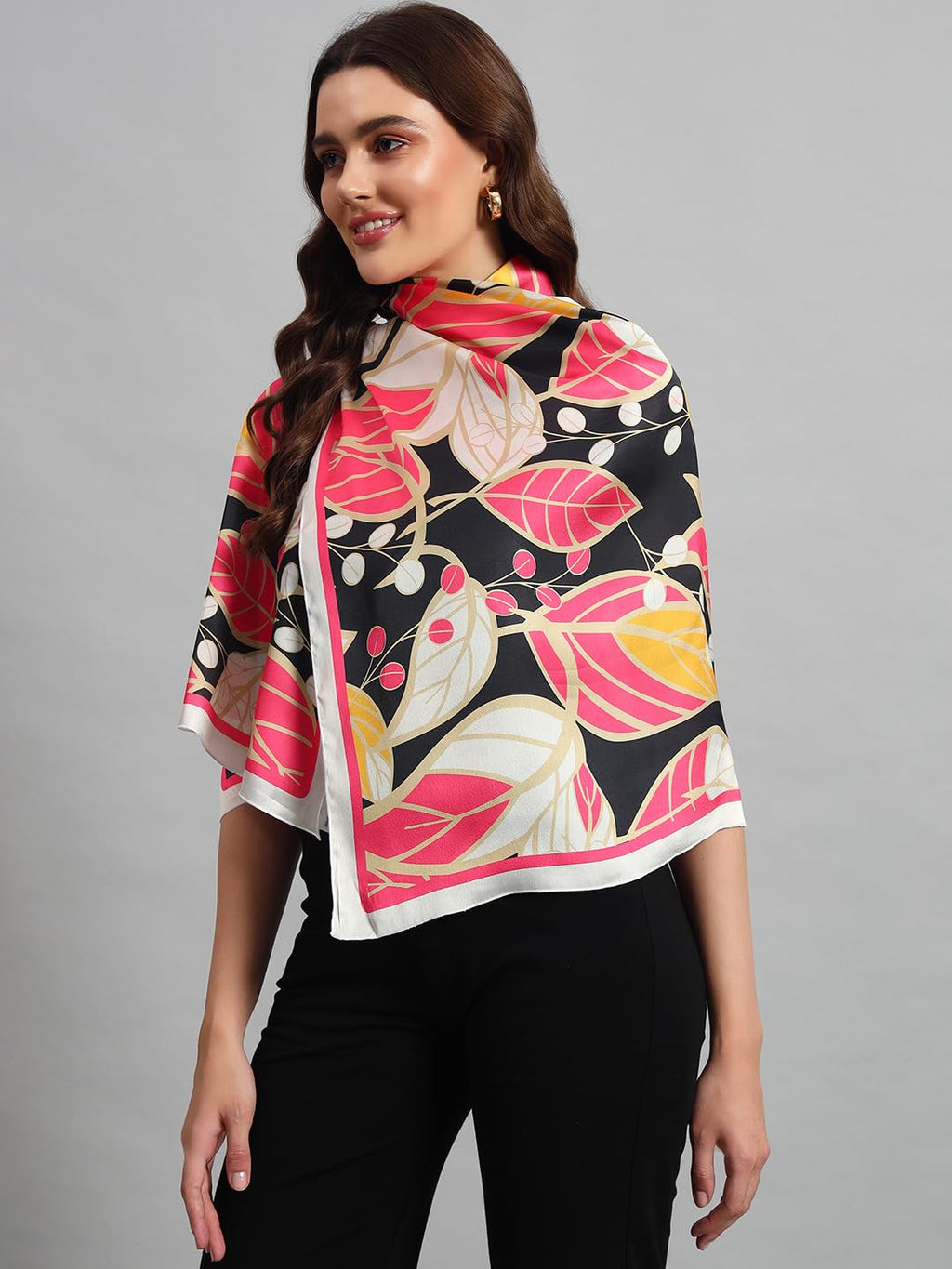Ravaiyaa - Attitude is everything Women Lightweight Printed 100% Satin Silk Scarf Stoles Breathable Neckerchief Head Beach Wrap Scarves (Black Pink Leaf, 70 x 20 Inch)