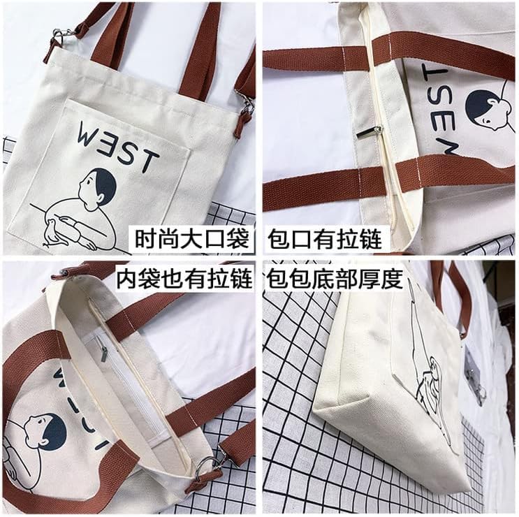 Aurbuy Cotton Tote Bags for Women, College Bag for girls With Inner & Outer Pockets, Utility Tote bags for Shopping, Travel & Daily use (Bag-Cream-Print-Girl-with-Ballon)