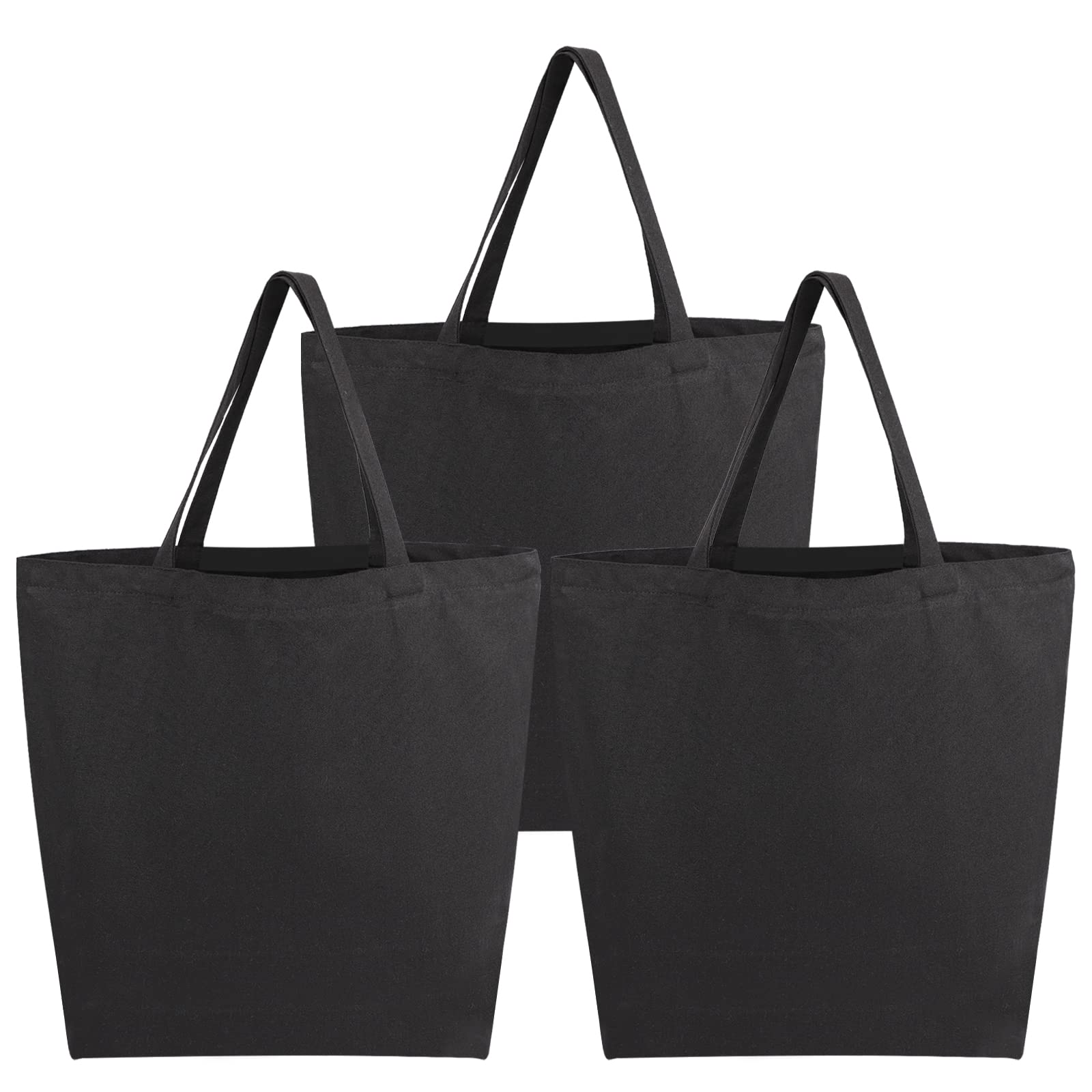 Segarty Black Canvas Tote Bag, 3 Packs 16x15 inch Canvas Bags with Zipper, 12Oz Heavy Duty Reusable Washable Grocery Shopping Bag with Handle, Blank Cotton Bags for Kids DIY Crafts Painting Bulk