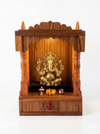 Handcrafted Wooden Mandir for Home & Office – Traditional Teak Finish Pooja Temple with Storage Drawer – Wall Mountable or Tabletop Devotional Shrine – Size: 45H x 32W x 22D cm.