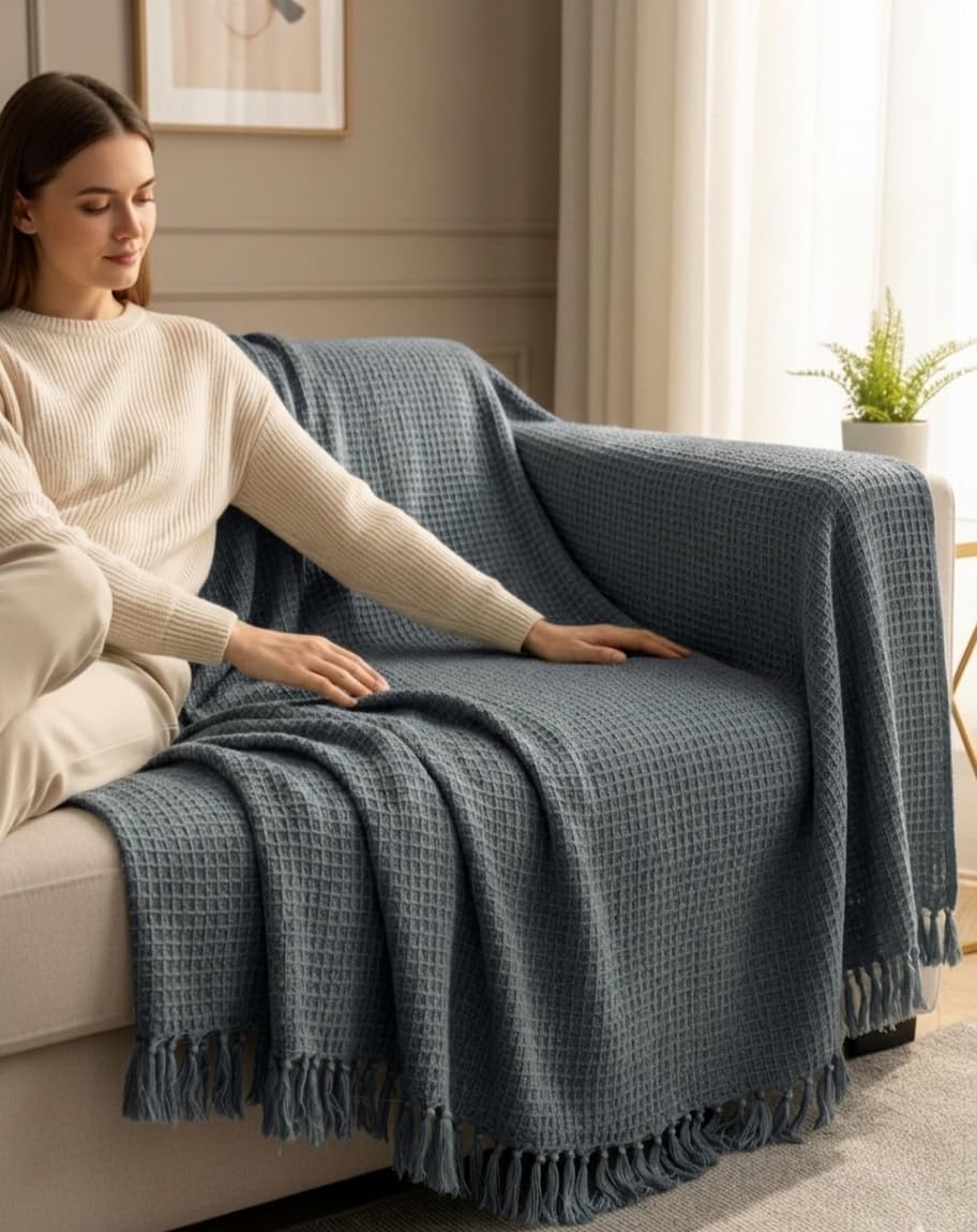 HAKAM Cotton Waffle Slub Throw 125 x 150 cm - Soft & Cozy Sofa and Couch - Lightweight, Breathable & Cozy for Sofa or Bed - Pack of 1(Night Black) Kafalo