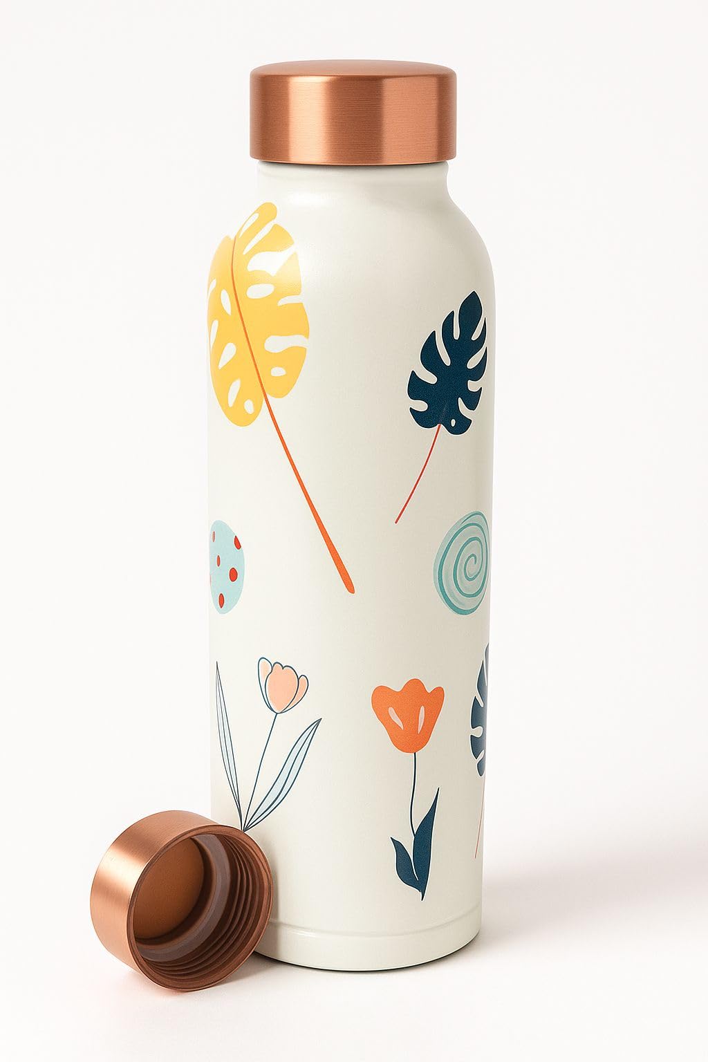 KC Pure Copper Designer Water Bottle with Leak Proof Protection, Ayurveda Health Benefits. (1000ml, 1Unit) with Leaf Print Design