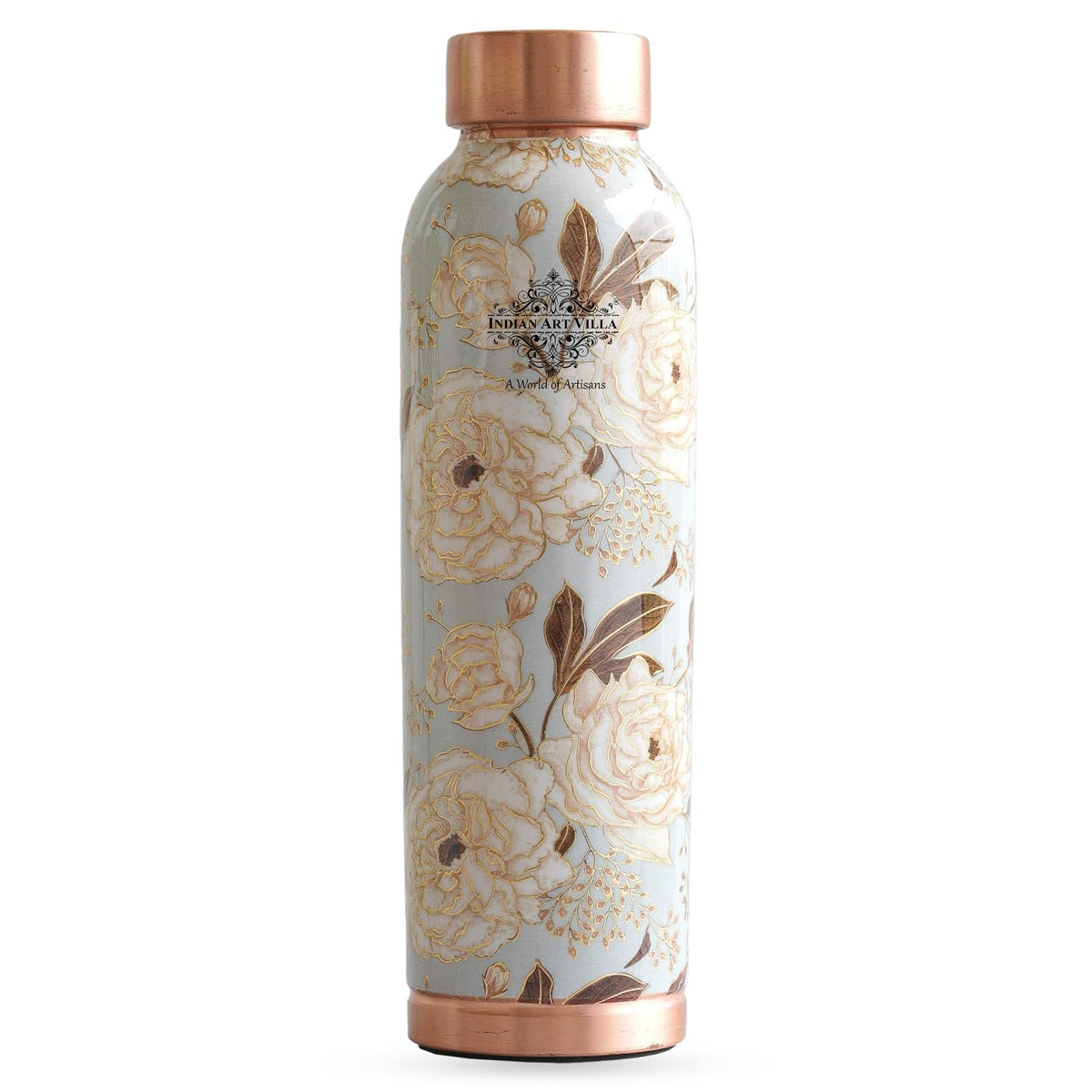 INDIAN ART VILLA Copper Bottle 900 ML with Gold Flower Print Design, Ayurveda Health Benefits, Copper Drinkware for Home, Office & Travel