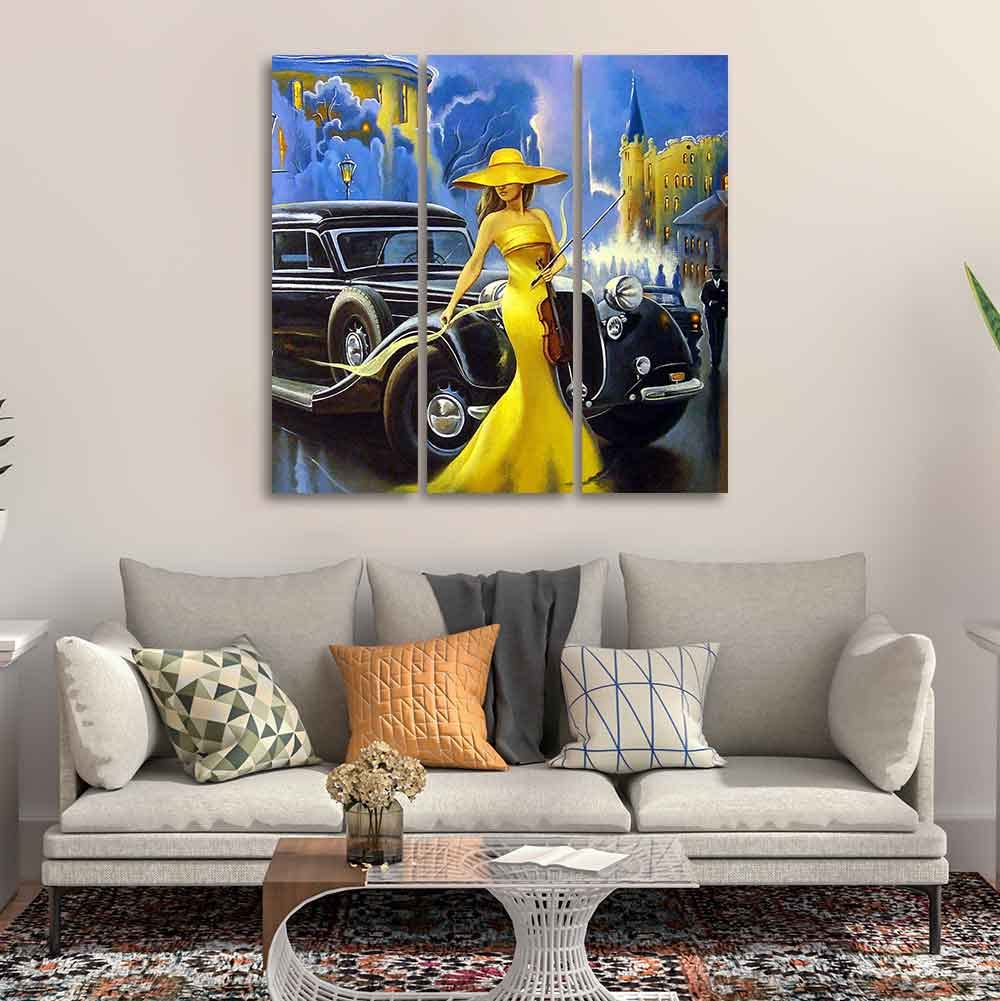 VIBECRAFTS 3 Pieces Beautiful Women With Car Canvas Wall Painting Fitted With Wooden Frame For Home | Office | Living Room | Gifts (PTVC3Pcs1_9502)