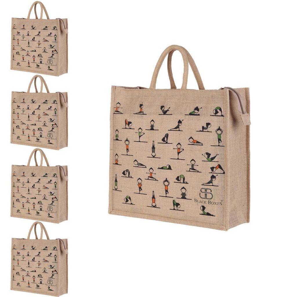BLACKBOXES Big Eco Cotton Jute Shopping Bags for Carry Milk Grocery fruits Vegetable with Reinforced Handles Lunch Bag (Medium, Pack of 5)